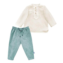 Costumas baietei pentru botez format din camasa de muselina si pantaloni din bumbac reiat, model baby blue